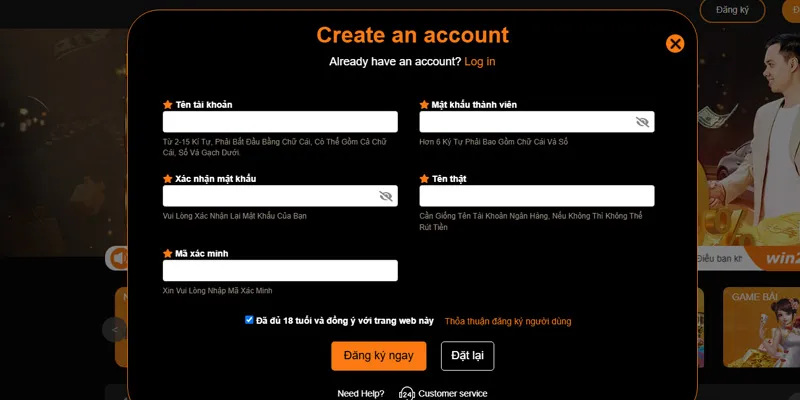 Điền thông tin để có tài khoản đá gà 23Win